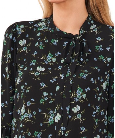 Women's Printed Tie-Neck Blouse Rich Black $22.96 Tops