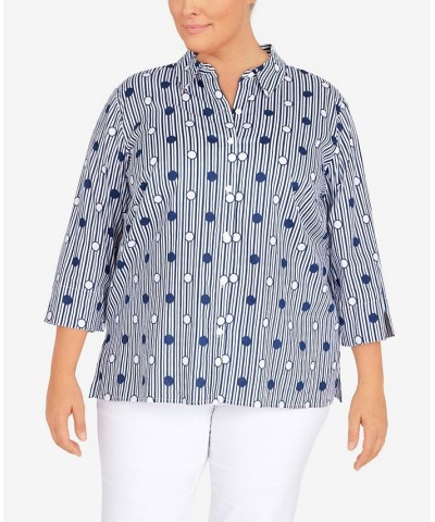 Plus Size Classic Dot Stripe 3/4 Sleeve Button Down Top Navy/White $31.61 Tops