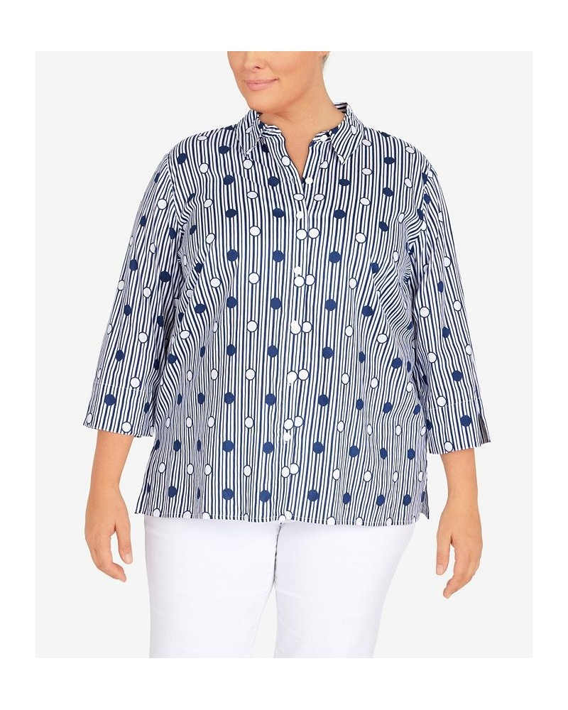 Plus Size Classic Dot Stripe 3/4 Sleeve Button Down Top Navy/White $31.61 Tops