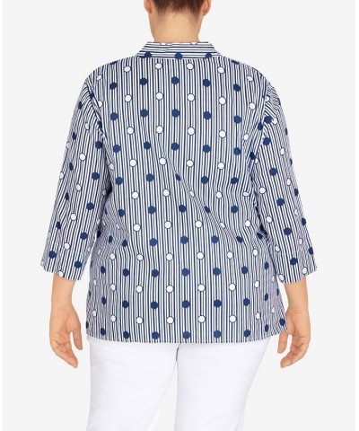 Plus Size Classic Dot Stripe 3/4 Sleeve Button Down Top Navy/White $31.61 Tops