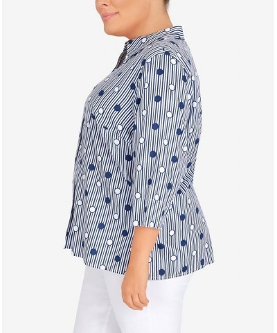 Plus Size Classic Dot Stripe 3/4 Sleeve Button Down Top Navy/White $31.61 Tops