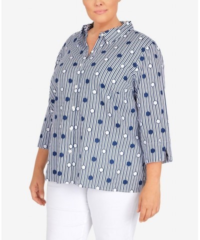 Plus Size Classic Dot Stripe 3/4 Sleeve Button Down Top Navy/White $31.61 Tops