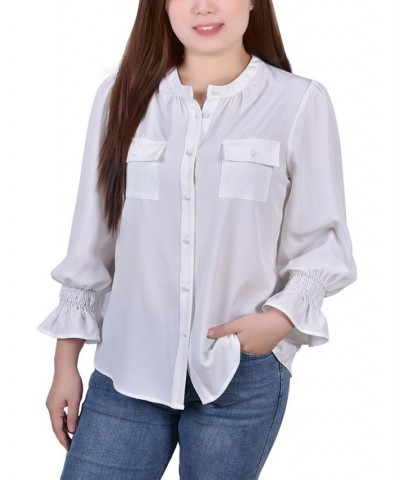 Petite Long Sleeve Y-Neck Blouse White $13.44 Tops