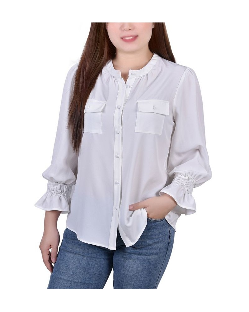 Petite Long Sleeve Y-Neck Blouse White $13.44 Tops