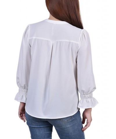 Petite Long Sleeve Y-Neck Blouse White $13.44 Tops