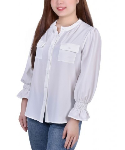 Petite Long Sleeve Y-Neck Blouse White $13.44 Tops