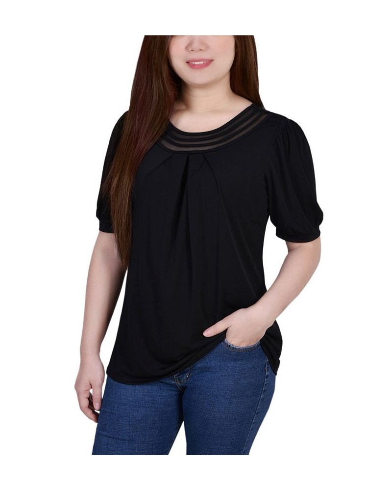 Petite Short Puff Sleeve Mesh Inset Top Black $14.10 Tops