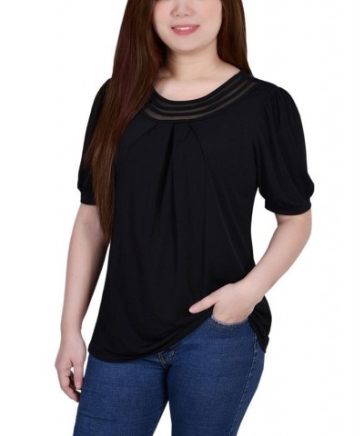 Petite Short Puff Sleeve Mesh Inset Top Black $14.10 Tops