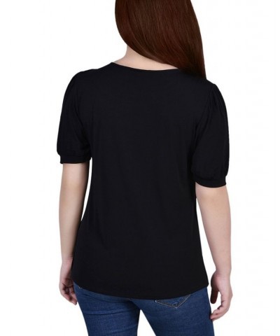 Petite Short Puff Sleeve Mesh Inset Top Black $14.10 Tops