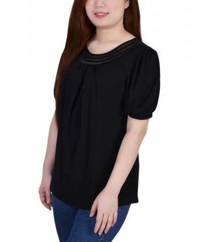 Petite Short Puff Sleeve Mesh Inset Top Black $14.10 Tops