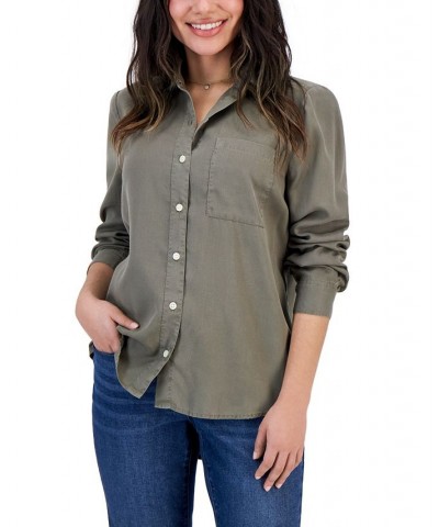 Women's Button-Up Perfect Long-Sleeve Shirt Green $14.25 Tops
