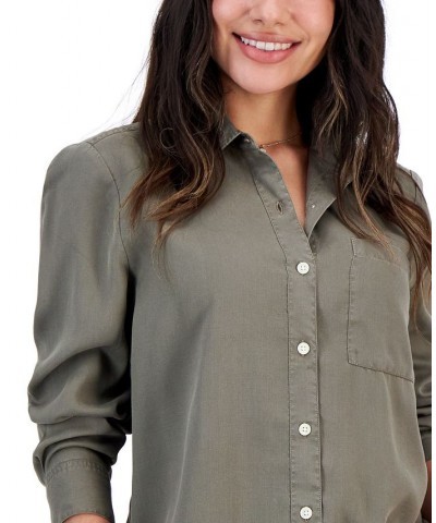 Women's Button-Up Perfect Long-Sleeve Shirt Green $14.25 Tops