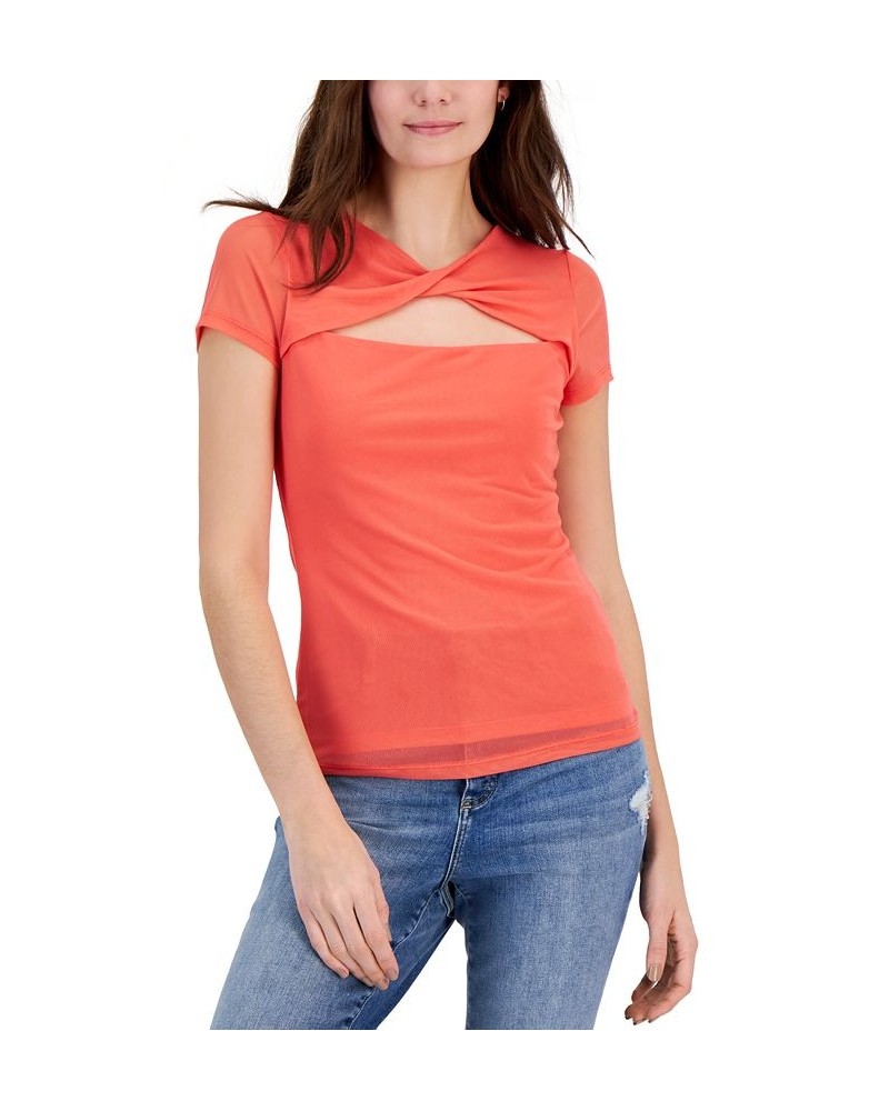 Women's Twist-Neck Mesh Top Orange $16.96 Tops