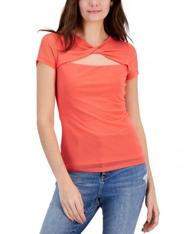 Women's Twist-Neck Mesh Top Orange $16.96 Tops