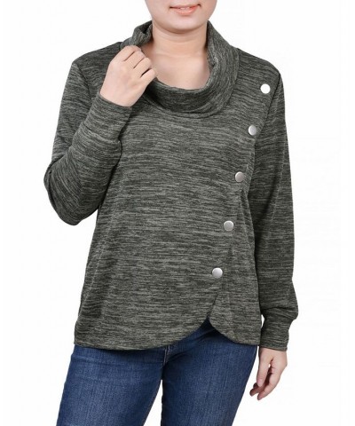 Women's Missy Long Sleeve Overlapping Cowl Neck Top Pesto Green $14.85 Tops