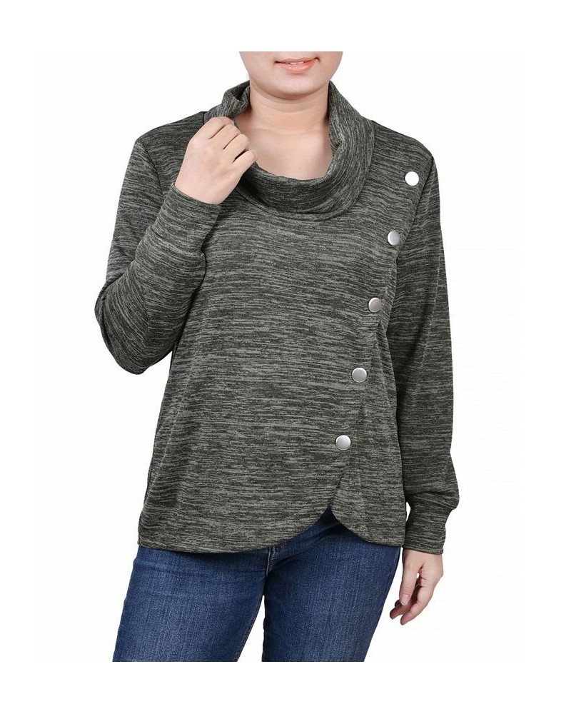 Women's Missy Long Sleeve Overlapping Cowl Neck Top Pesto Green $14.85 Tops