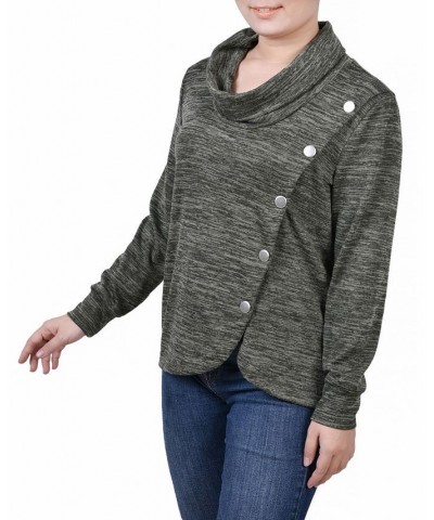 Women's Missy Long Sleeve Overlapping Cowl Neck Top Pesto Green $14.85 Tops