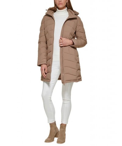 Women's Hooded Packable Puffer Coat Brown $67.50 Coats