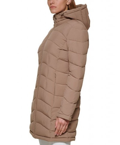 Women's Hooded Packable Puffer Coat Brown $67.50 Coats