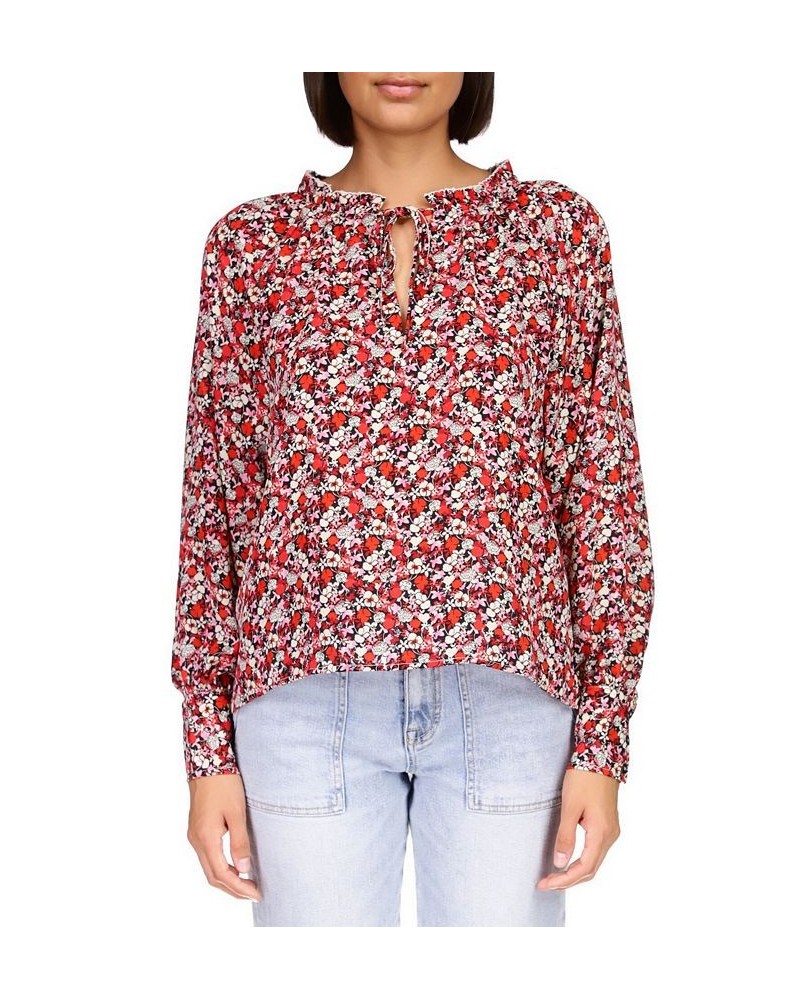 Women's Flower Power Long-Sleeve Tie-Neck Top RED $27.97 Tops