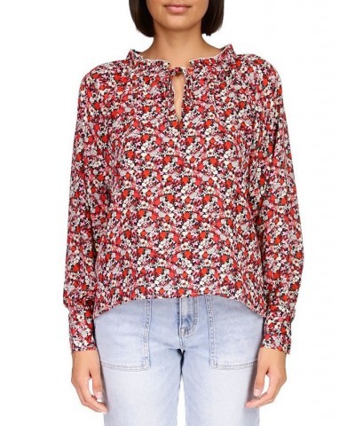 Women's Flower Power Long-Sleeve Tie-Neck Top RED $27.97 Tops