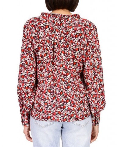 Women's Flower Power Long-Sleeve Tie-Neck Top RED $27.97 Tops