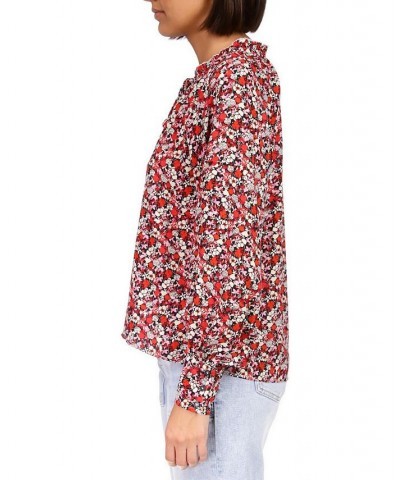 Women's Flower Power Long-Sleeve Tie-Neck Top RED $27.97 Tops