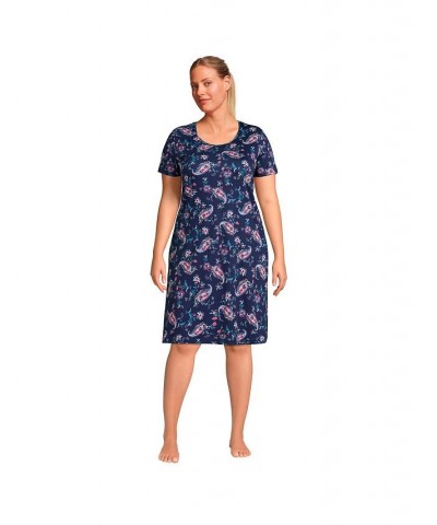 Women's Plus Size Supima Cotton Short Sleeve Knee Length Nightgown Dress Deep sea navy paisley floral $30.58 Sleepwear
