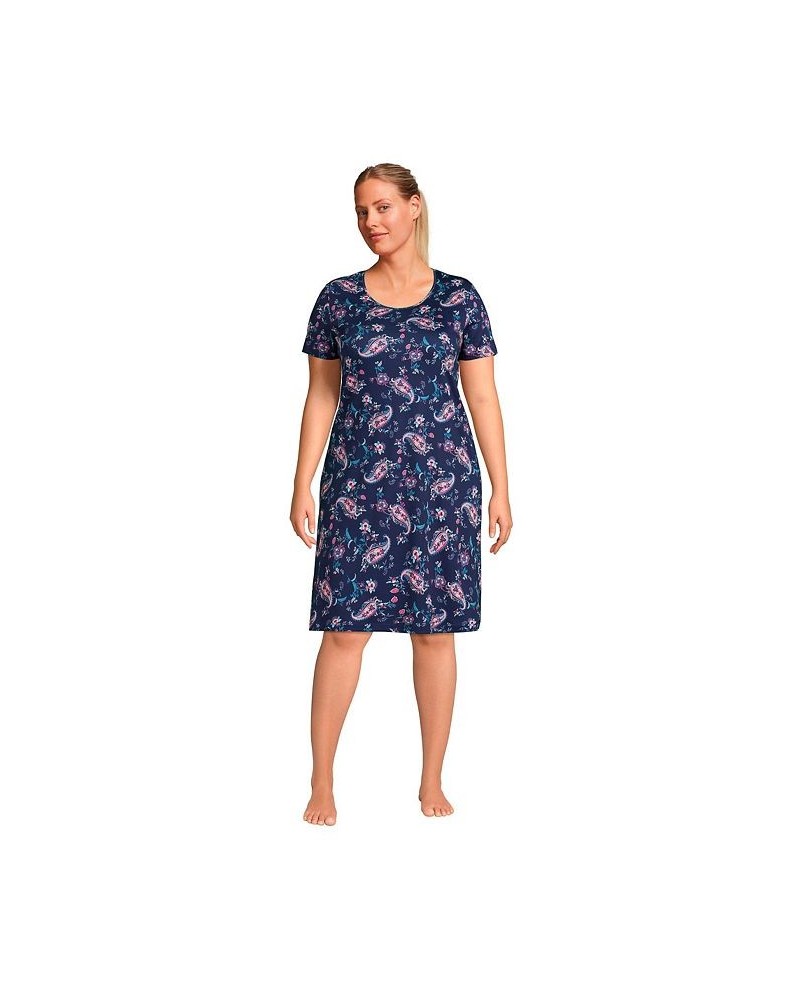 Women's Plus Size Supima Cotton Short Sleeve Knee Length Nightgown Dress Deep sea navy paisley floral $30.58 Sleepwear