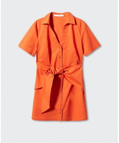 Women's Short Sleeve Bow Shirt Dress Orange $37.79 Dresses