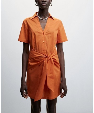 Women's Short Sleeve Bow Shirt Dress Orange $37.79 Dresses