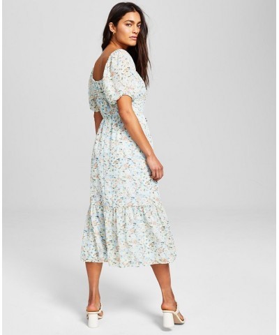 Women's Printed Puff-Sleeve Midi Dress Pink $31.05 Dresses