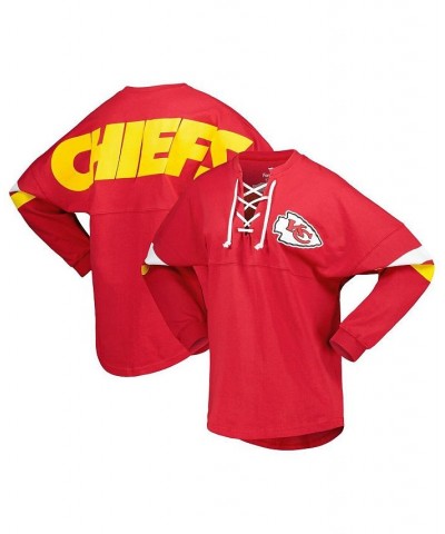 Women's Branded Red Kansas City Chiefs Spirit Jersey Lace-Up V-Neck Long Sleeve T-shirt Red $47.50 Tops