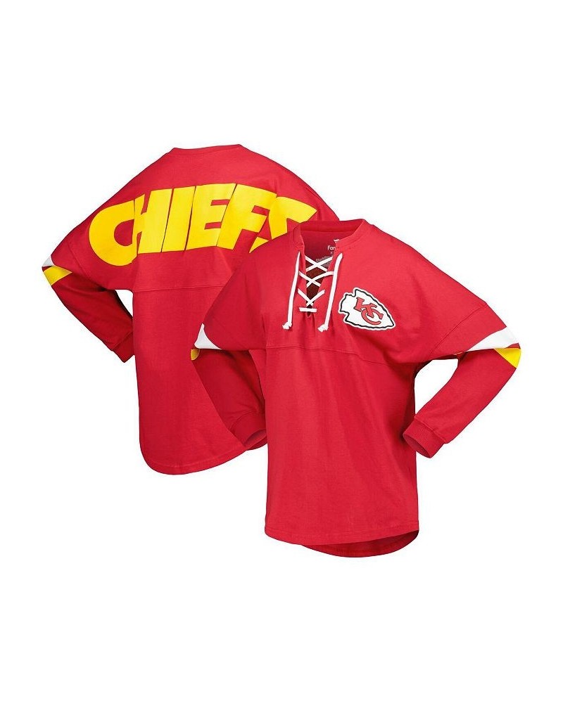 Women's Branded Red Kansas City Chiefs Spirit Jersey Lace-Up V-Neck Long Sleeve T-shirt Red $47.50 Tops