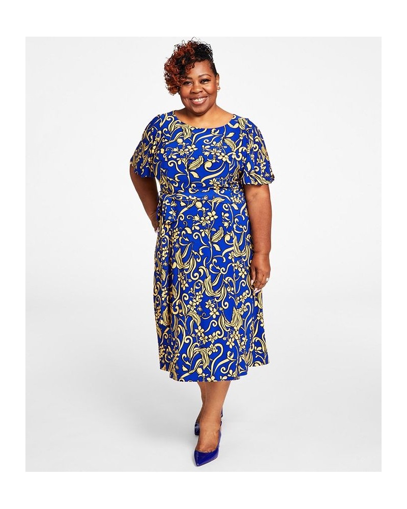 Plus Size Florinda Flutter-Sleeve Belted Dress Gold / Royal Blue Comb $33.62 Dresses