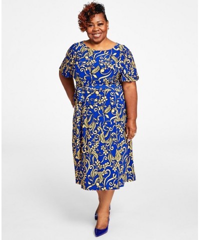 Plus Size Florinda Flutter-Sleeve Belted Dress Gold / Royal Blue Comb $33.62 Dresses