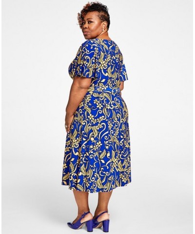 Plus Size Florinda Flutter-Sleeve Belted Dress Gold / Royal Blue Comb $33.62 Dresses