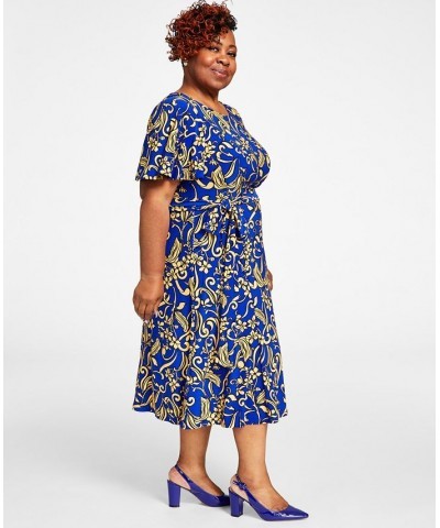 Plus Size Florinda Flutter-Sleeve Belted Dress Gold / Royal Blue Comb $33.62 Dresses