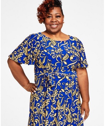 Plus Size Florinda Flutter-Sleeve Belted Dress Gold / Royal Blue Comb $33.62 Dresses