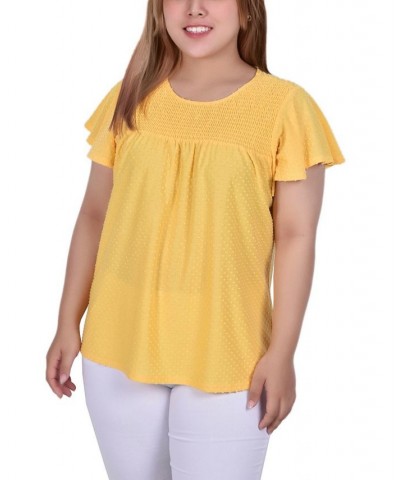 Plus Size Short Flutter Sleeve Blouse with Smocked Front Yoke Yellow $13.80 Tops