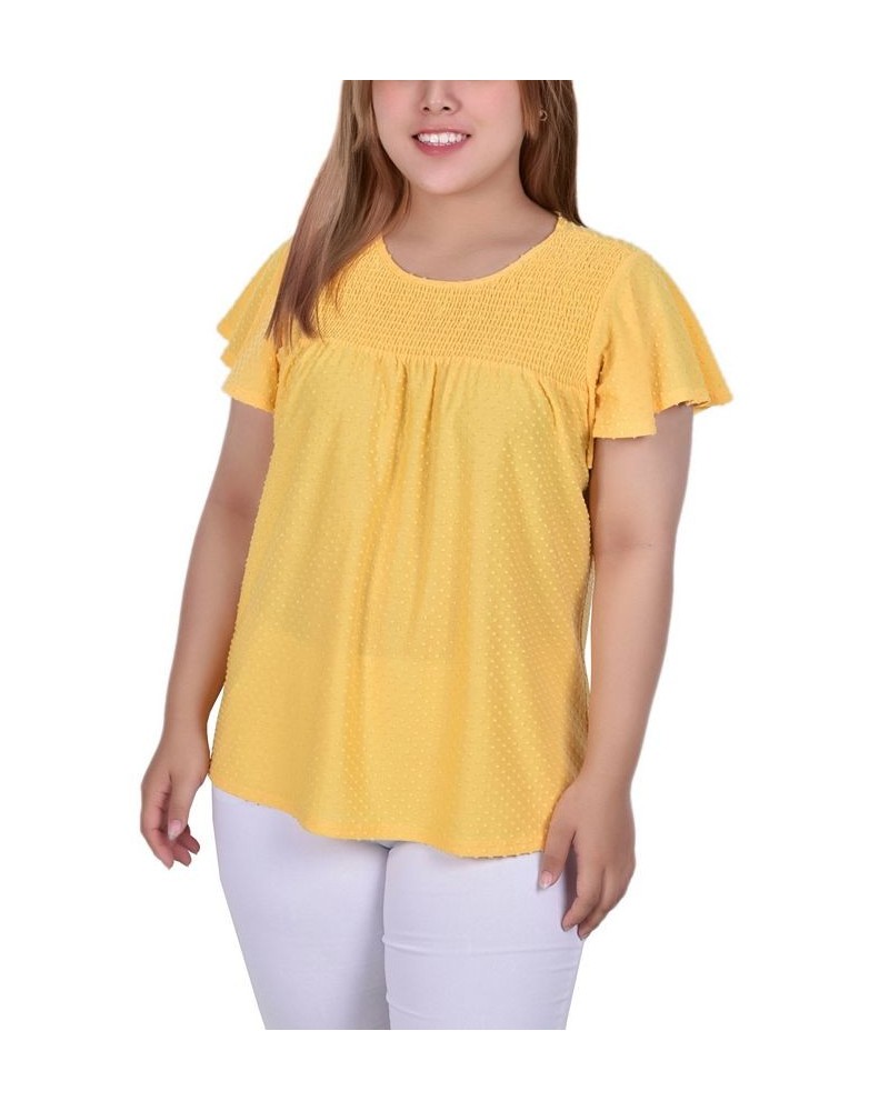 Plus Size Short Flutter Sleeve Blouse with Smocked Front Yoke Yellow $13.80 Tops