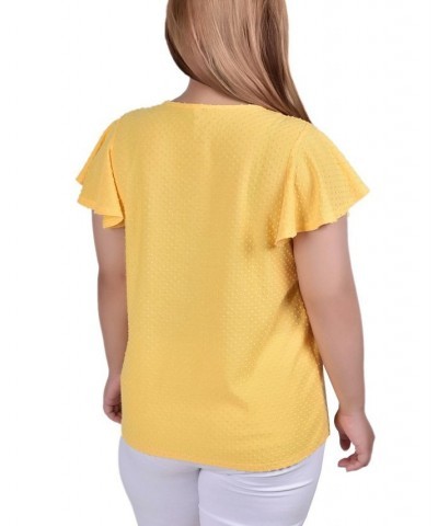 Plus Size Short Flutter Sleeve Blouse with Smocked Front Yoke Yellow $13.80 Tops