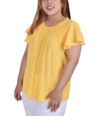 Plus Size Short Flutter Sleeve Blouse with Smocked Front Yoke Yellow $13.80 Tops