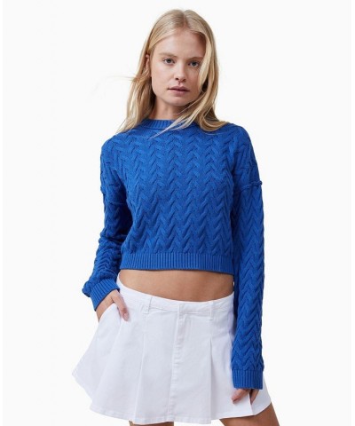 Women's Crop Cable Crew Neck Sweater Rich Blue $22.50 Sweaters
