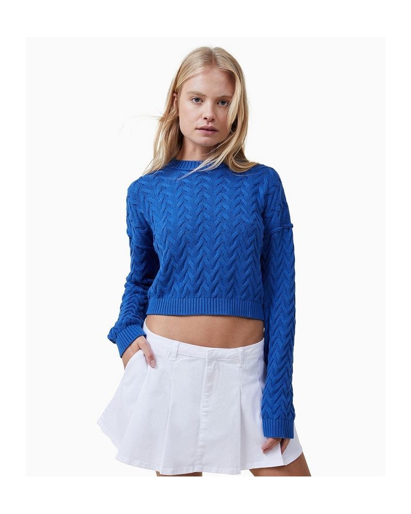 Women's Crop Cable Crew Neck Sweater Rich Blue $22.50 Sweaters