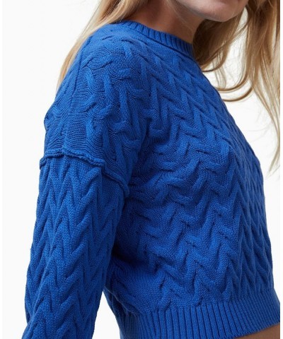 Women's Crop Cable Crew Neck Sweater Rich Blue $22.50 Sweaters