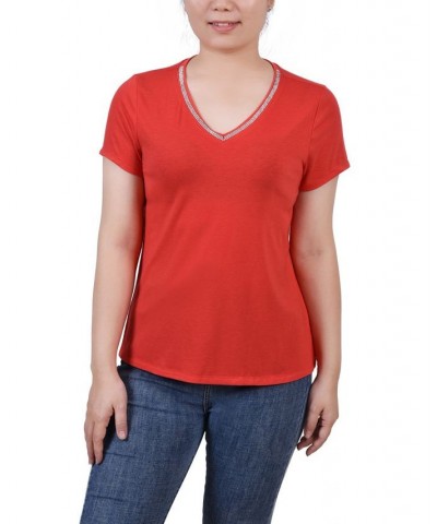 Petite Short Sleeve T-shirt with Stone Details Red $16.74 Tops