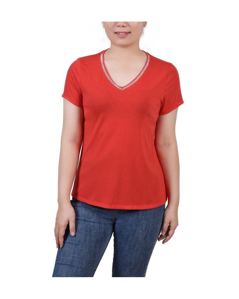 Petite Short Sleeve T-shirt with Stone Details Red $16.74 Tops