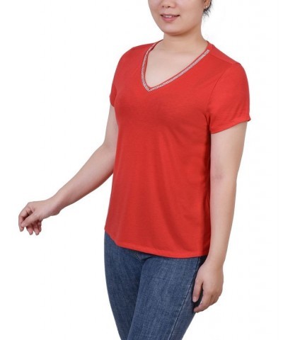 Petite Short Sleeve T-shirt with Stone Details Red $16.74 Tops