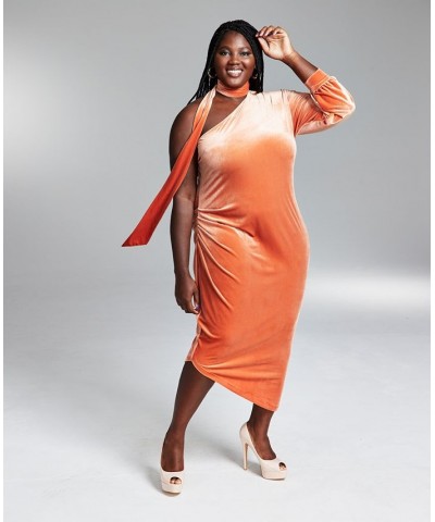 GooGoo Atkins Trendy Plus Size Scarf-Neck One-Sleeve Draped Maxi Dress Desert Peach $27.86 Dresses